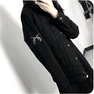Roar Black Denim Bomber Jacket Rhinestone Crossed Guns Sleeve Rib Knit Trim